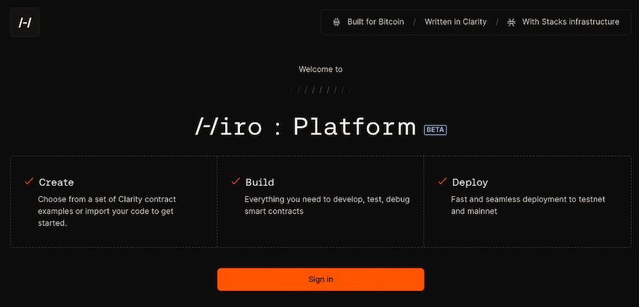 The Hiro Platform landing page